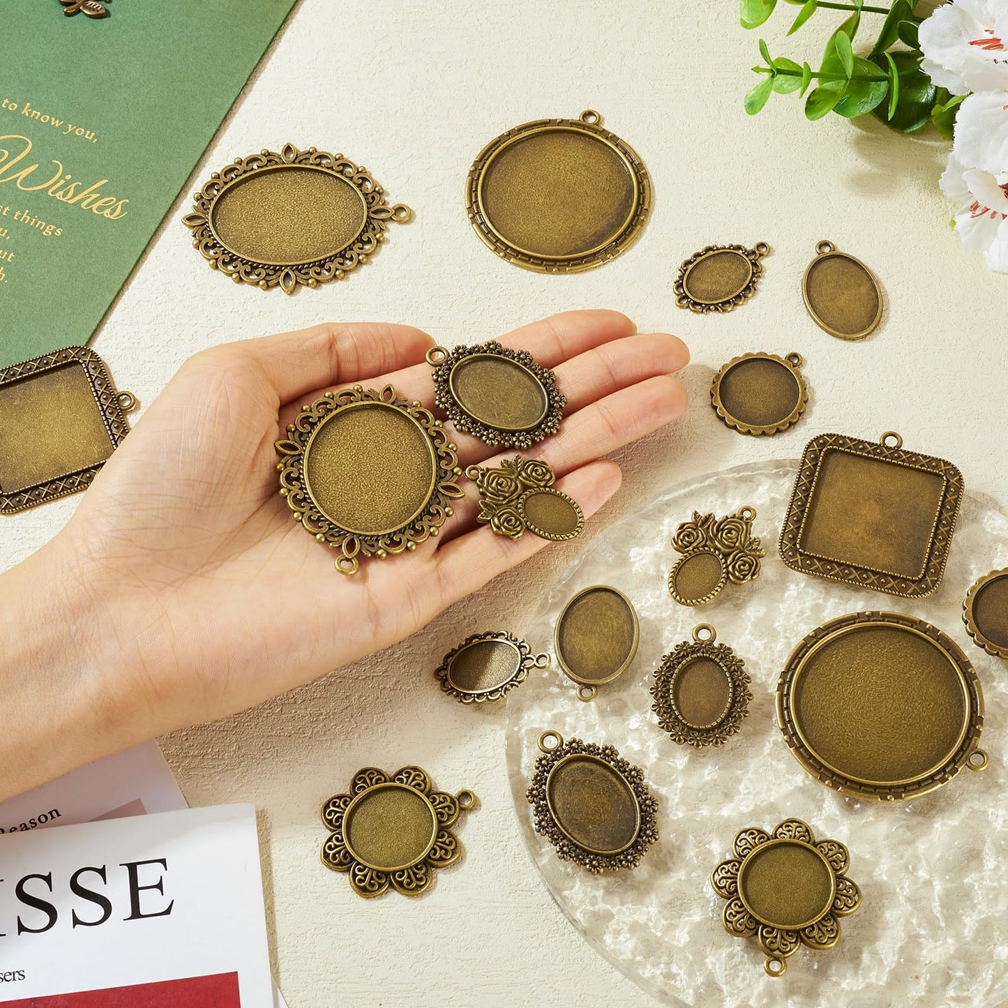 Bestewelry 20Pcs Bezel Pendant Trays 10 Styles Vintage Cabochon Bezel Settings Trays Charms Tibetan Style Oval Trays Pendant Blanks for DIY Crafts Photo Necklace Jewelry Making