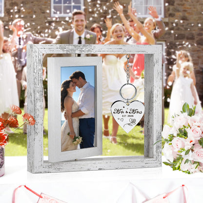 Fooyekep Wedding Gifts for Couples 2026, Wedding Picture Frame - Rotating Floating Mr and Mrs Frame, Bridal Shower Gifts for Bride, Engagement Gift for Couples Newlyweds, Holds 4x6 Pictures