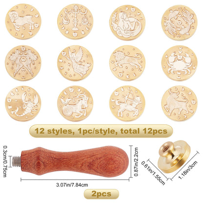 CRASPIRE 12pcs Constellations Wax Seal Stamp Set Tarot Magic Sealing Stamp Heads Kits with 2pcs Wood Handle for Wedding Invitations Envelopes Birthday Gift Cards Scrapbooking