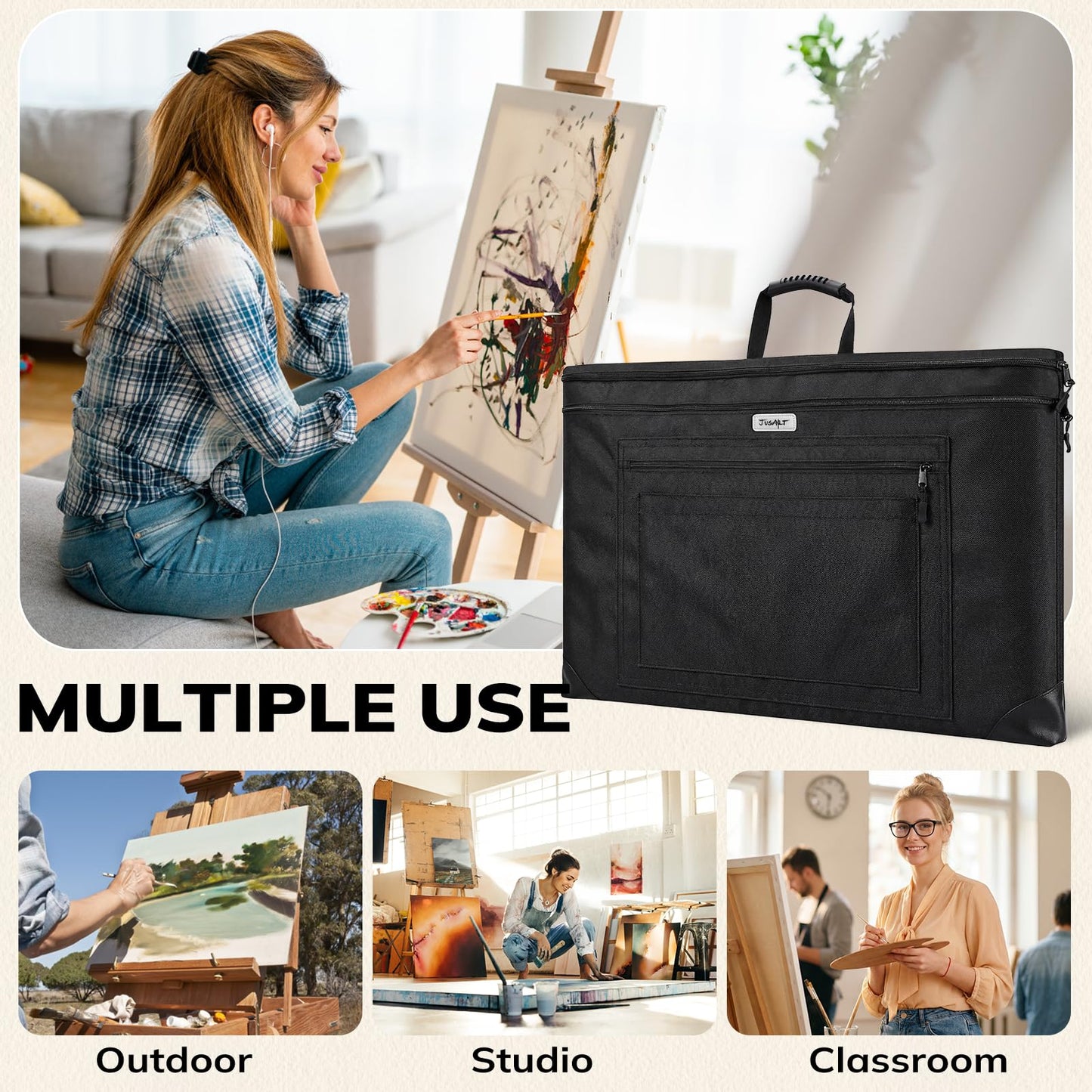 JusArt Art Portfolio Bag, 24x36 Foldable Light Weight Portfolio Folder Case with Adjustable Shoulder Strap, Leather Corners, Waterproof Art Bag for Artists and Adults for Artwork, Poster, Sketching
