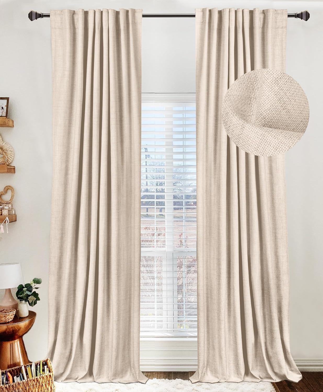 Skiennix 100% Blackout Linen Curtains - Thermal Insulated Drapes for Bedroom | 50" W x 72" L, Beach Sand - 2 Panels Set