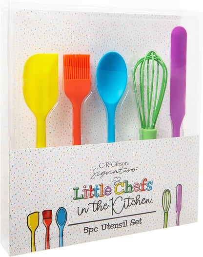 C.R. Gibson Kids in The Kitchen Silicone Utensil Set, Oil Brush, Spoon, Whisk, Long Spatula, Multicolor