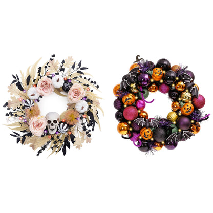 Valery Madelyn 18 Inch Halloween Wreath for Front Door with Lights, Pre-Lit Fall White Pumpkin Skull Wreath Pink Roses Halloween Decorations for Home Porch Table Centerpiece Party Holiday Autumn Decor
