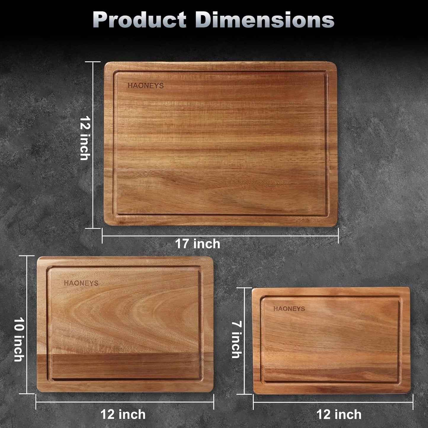HAONEYS Set 3 Wood Cutting Boards of for Kitchen, Large Wooden Cutting Board with Juice Groove, Charcuterie Board