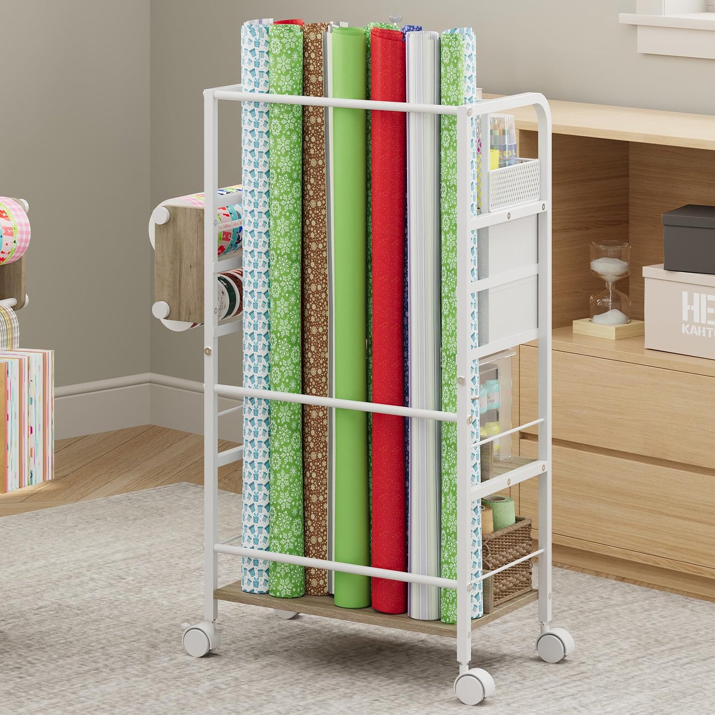 Rolling Craft Storage Cart with 2 Small Fabric Drawers & Lockable Wheels, DIY Organizer for Wrapping Paper, Paints, Brushes, Craft Supplies, Multi-Tier Craft Cart Tape Holder, 16.54x11.4x32.68 Inches