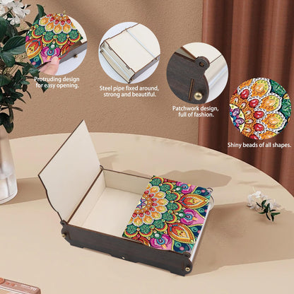 MVVMTOP Diamond Art Painting Kit Wooden Storage Box, Mandala Pattern DIY Special Shaped Diamond Flip Cover Wooden Money Box, Handmade Art Desktop Decorations Birthday Gifts for Friends