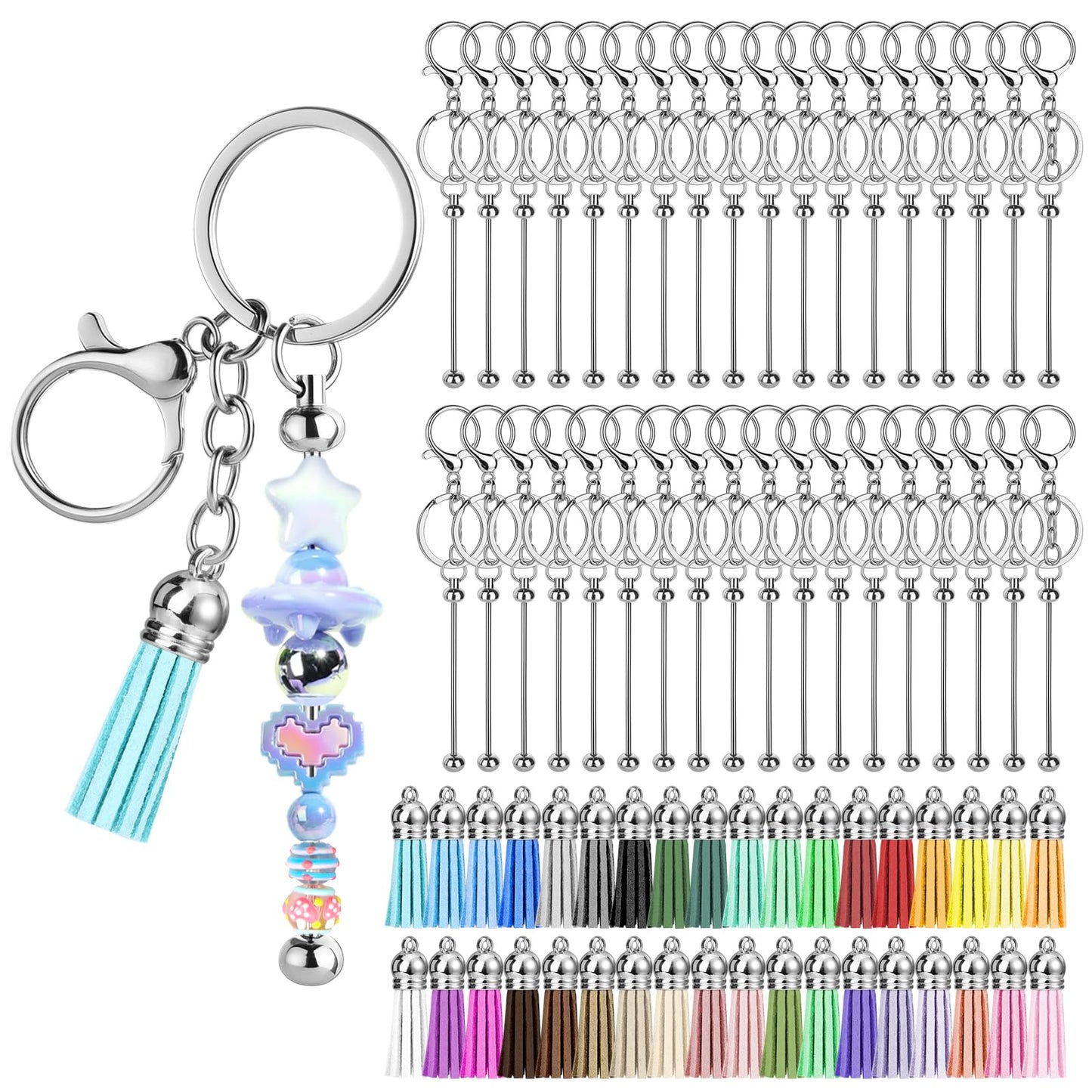 72 Pcs Beadable Keychains Bars, Included 36Pcs Beadable Keychains Bars Bulk Blank for Keychain Making and 36Pcs Colorful Leather Tassel, Keychain Making kit for DIY Crafts Women Men Gift (Rotundity)