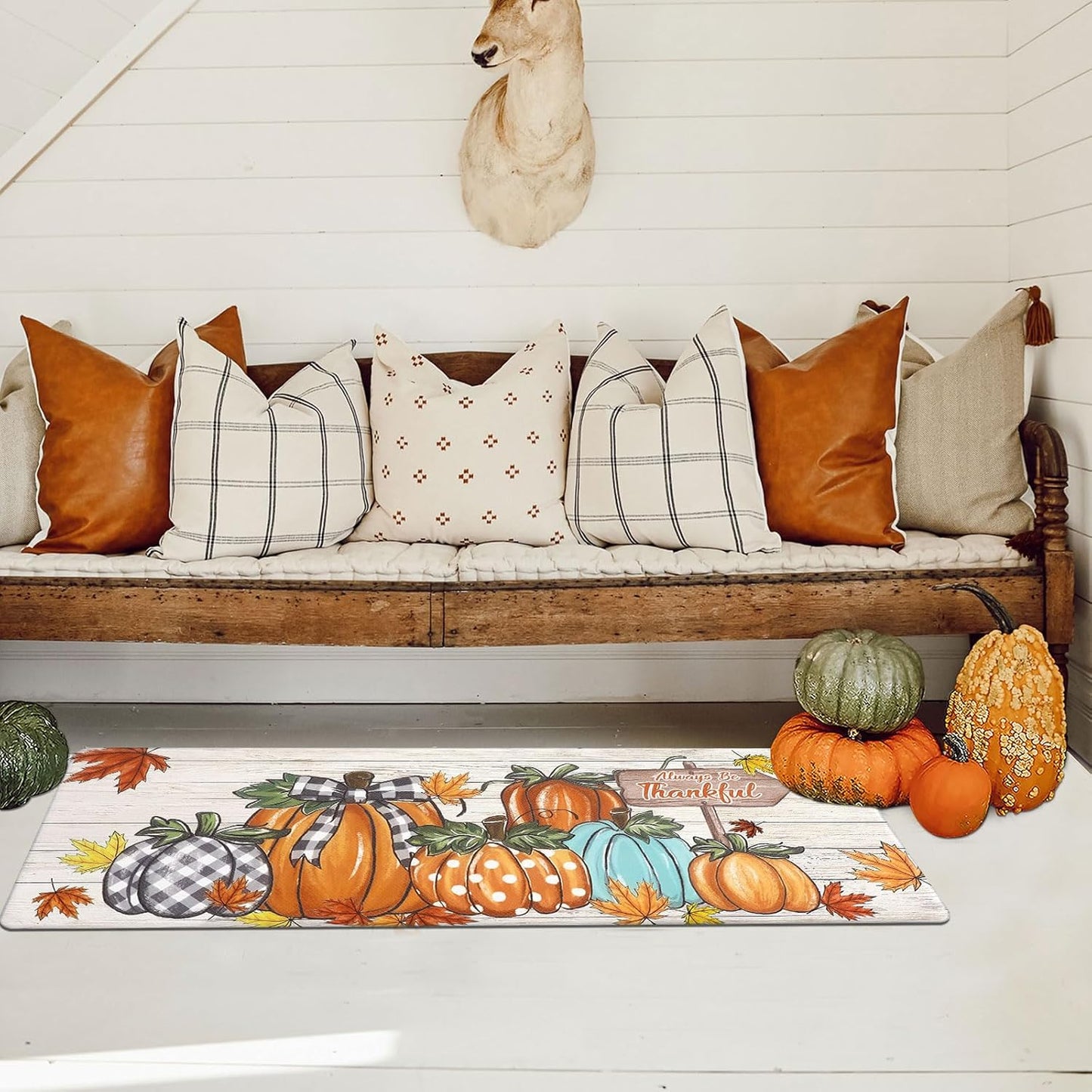 U'Artlines Fall Kitchen Mat - Anti Fatigue Cushioned Comfort Mats, Colorful Pumpkin Kitchen Rugs 17"x28"+17"x47"