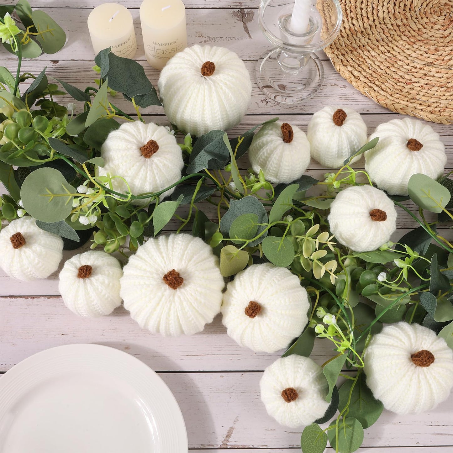 ZenNex 12-Pack Fall Crochet Pumpkins Handmade Fall Decor Set with 2.36, 3.15, 4inch Sizes Knit Pumpkins Farmhouse Thanksgiving Table Centerpiece, Halloween Decorations (White)