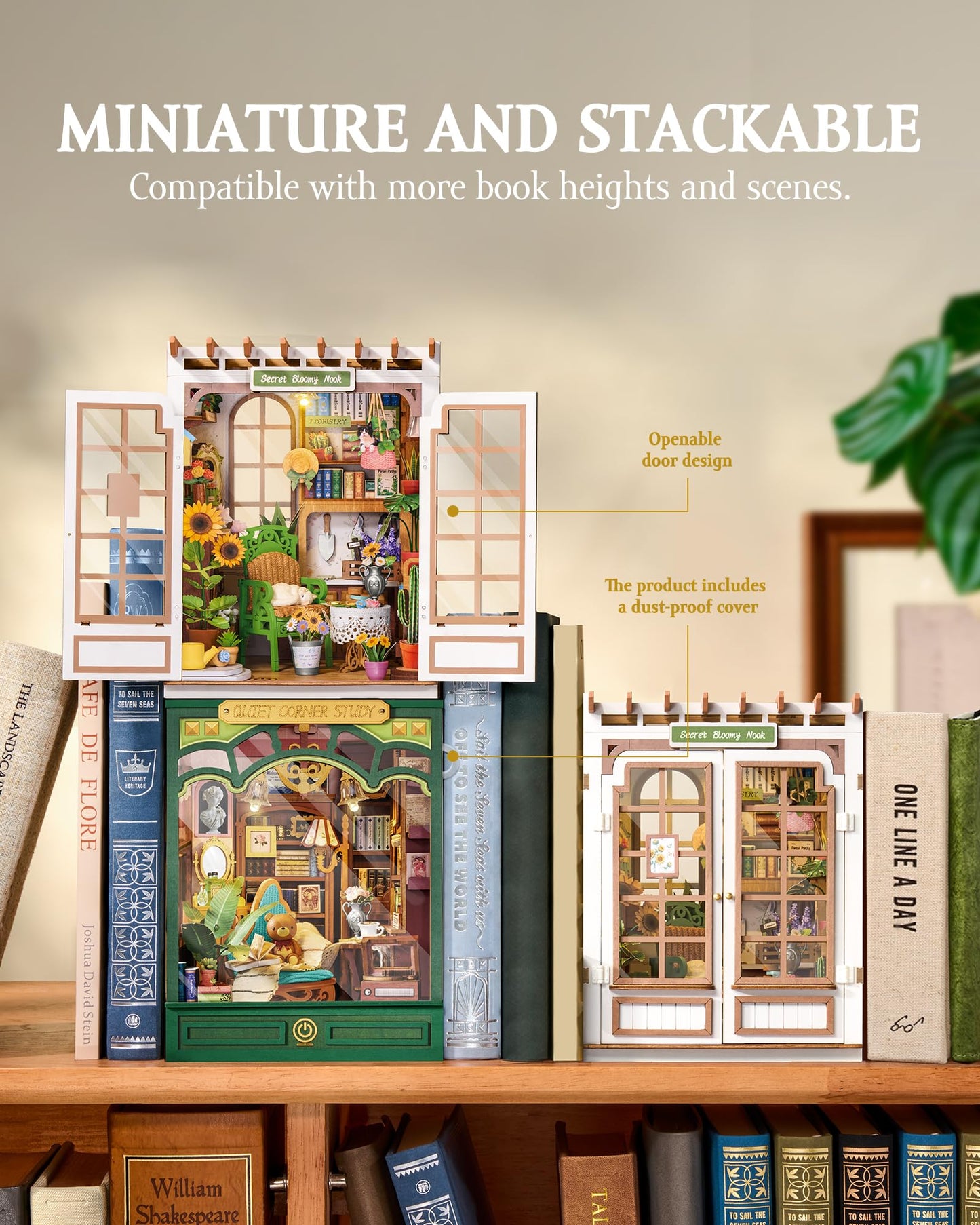 Rolife DIY Book Nook Kit Secret Bloomy Nook, Secret Garden Floral Theme 3D Wooden Puzzle, Plant & Flower Decor for Bookshelf, Creative Gift for Plant Lovers