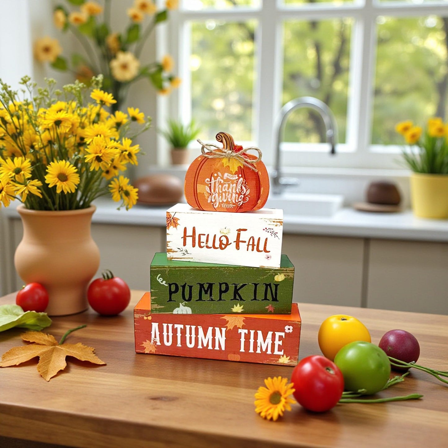 4 Pcs Fall Thanksgiving Decorations for Home,Wooden Pumpkin Signs with Sayings Hello Fall Maple Leaf Block Signs Tiered Tray Tabletop Decor Thanksgiving Decor Indoor for Office Farmhouse Home Kitchen