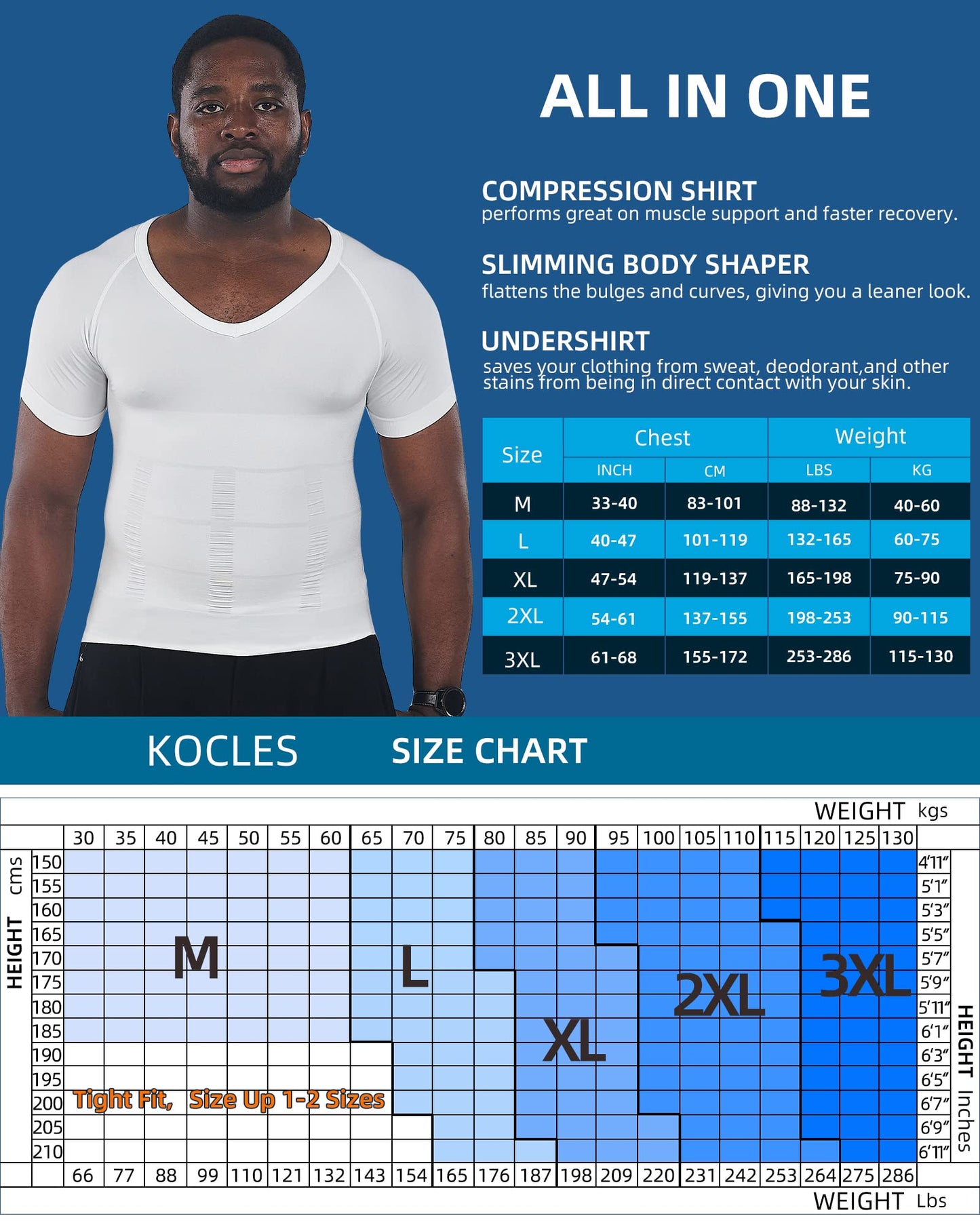 KOCLES Gynecomastia Compression Shirts for Men, Shapewear Slimming Body Shaper Undershirt, V-Neck Baselayer T-Shirt Workout