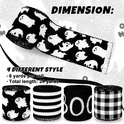 Whaline 4 Rolls Halloween Wired Ribbon Black White Ghost Pattern Gift Wrapping Ribbon Buffalo Plaid Stripe Decorative Ribbons for Crafts Bow Wreath Gift Wrapping Halloween Party Decor, 24 Yards