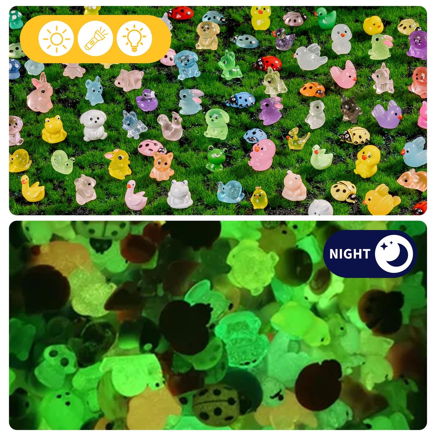 200 pcs Luminous Mini Resin Animals Many Styles Variety Tiny Animals Figures Miniature Little Small Animal Figurines Bulk for Micro Fairy Garden Landscape Accessories Hide Crafts Decor Aquarium