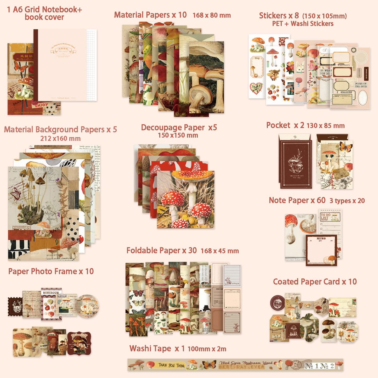 emmoolife Scrapbooking Supplies Kit, Vintage Mushroom Aesthetic Scrapbook Kit for Bullet Junk Journal, Stationery, A6 Grid Notebook, DIY Journaling Supplies, Birthday Craft Gift for Teen Girl Women