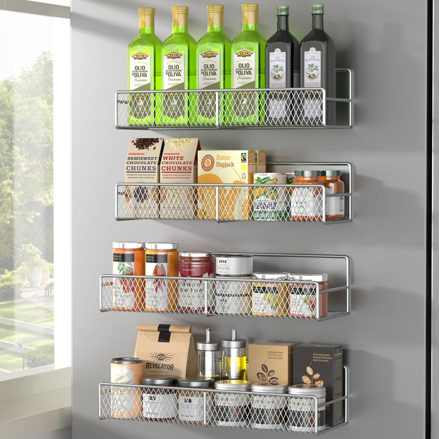 Magnetic Spice Rack for Refrigerator, 6 Pack 100% Metal Strong Magnet Shelf, Space Saving Spice Organizer, Home Kitchen Laundry Room Storage Organization W/ Paper Towel Holder, Utensils Racks (Grey)