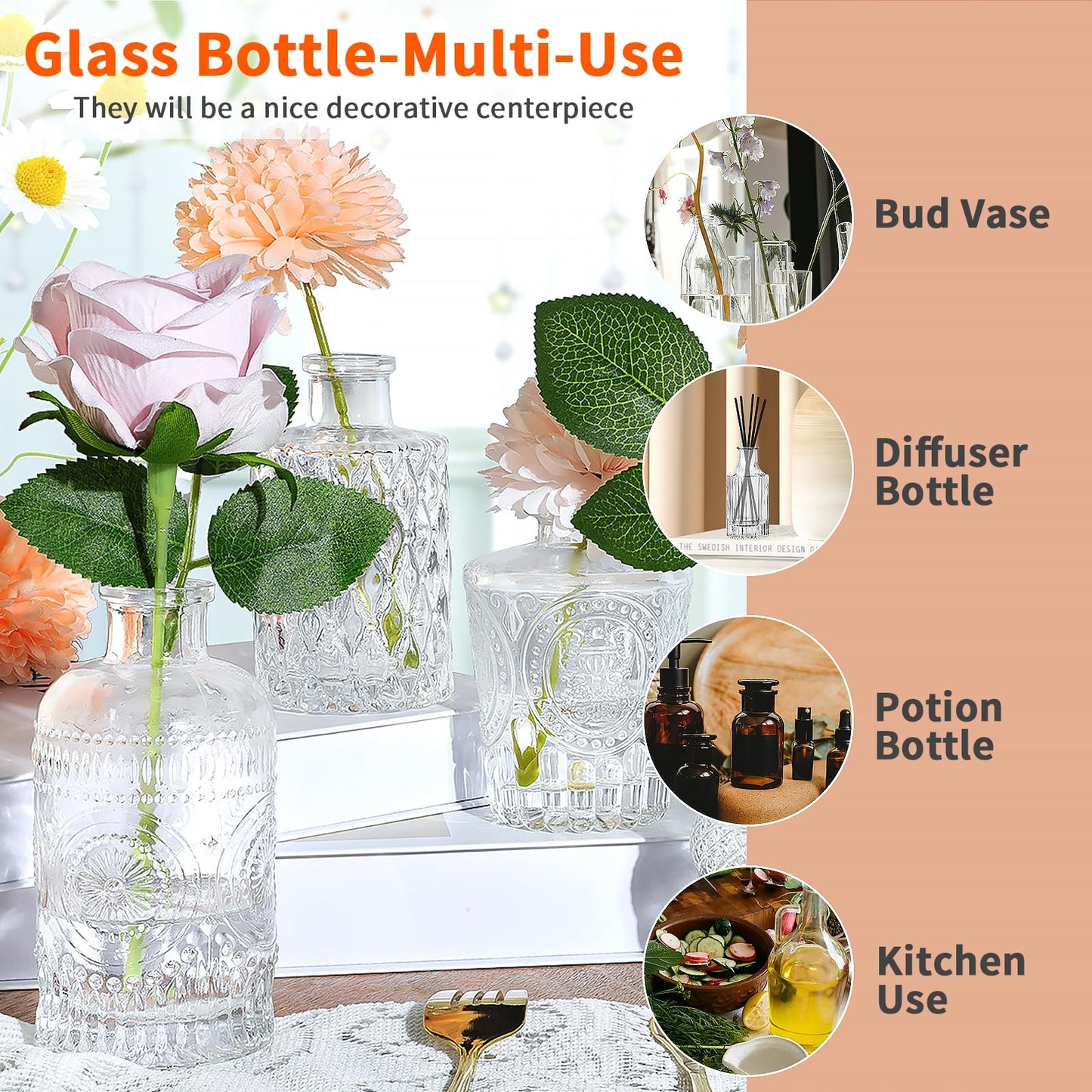 Clear Glass Bottles with Lids Bud Vases in Bulk Set of 12 Mini Flower Vase for Table Decor Small Bottle for Potion,Juice, Oils, Vinegar,Whiskey,Wine, with 2 Cleaning Brush,Dishwasher Safety