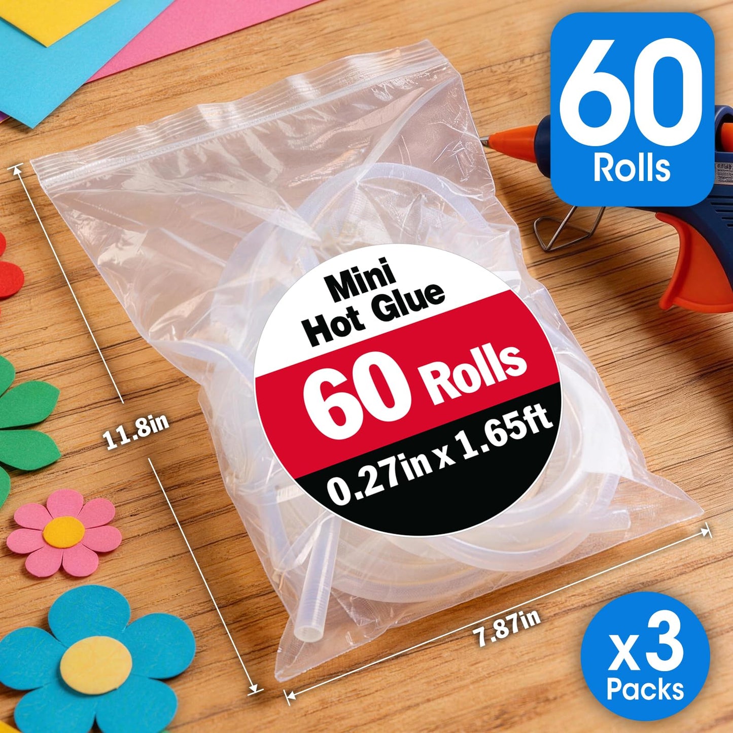 60 Pack Mini Hot Glue Stick Rolls, Each 1.65 FT Long x 0.27" Diameter Glue Sticks for Glue Gun, Perfect Fit for Mini Glue Guns, Widely Used in Wood, Metal, Glass, Plastic, Floral, Fabric, and More