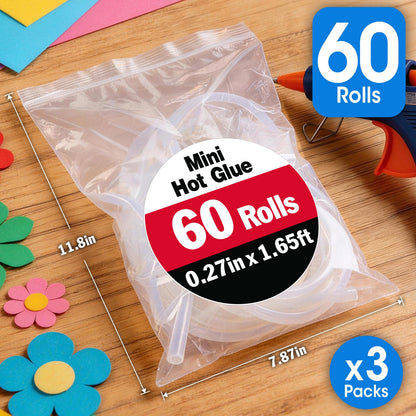 60 Pack Mini Hot Glue Stick Rolls, Each 1.65 FT Long x 0.27" Diameter Glue Sticks for Glue Gun, Perfect Fit for Mini Glue Guns, Widely Used in Wood, Metal, Glass, Plastic, Floral, Fabric, and More