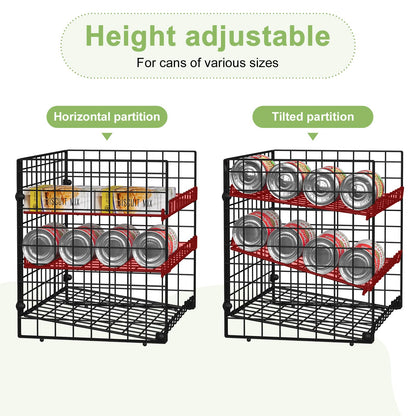JKsmart 2-Tier Stackable Can Rack Organizer for Pantry, Adjustable Can Dispenser Holds Up to 62 Cans, Can Storage Holder for Various Ounces of Canned Food Soda Drinks, Black, 2 Pack (Petent Pending)