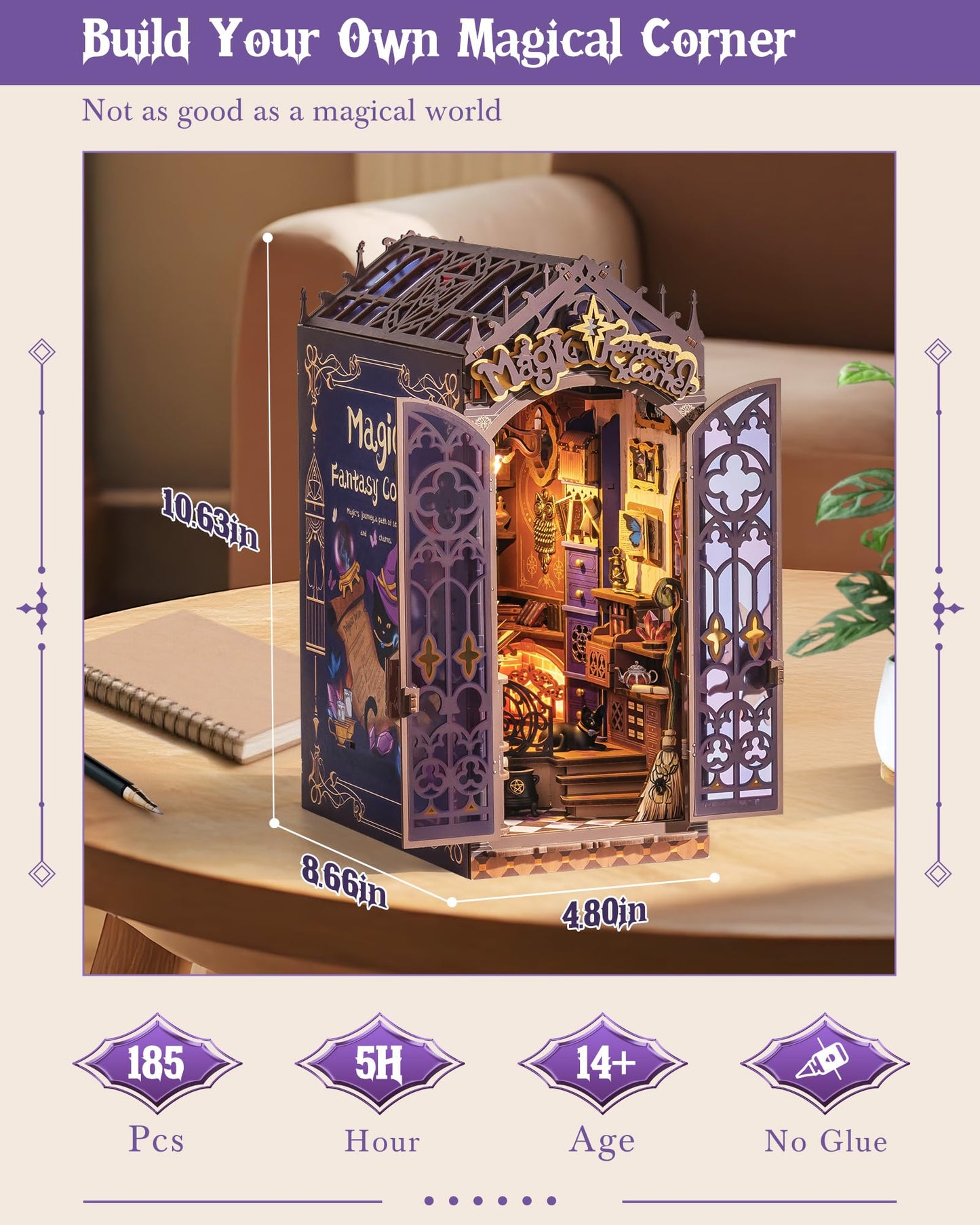 ROBOTIME Book Nook Kit, DIY Miniature House Kit, 3D Wooden Puzzle Bookends, Witch Study Room Bookshelf Decor, Creative Unique Gifts for Adults (Magic Fantasy Corner)