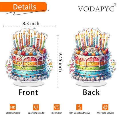 VODAPYC Birthday Party Diamond Art Tabletop, DIY Stand Up Double Sided Special Shaped Partial Diamond Art Desktop Ornaments for Home Decor(Happy Birthday Cake)