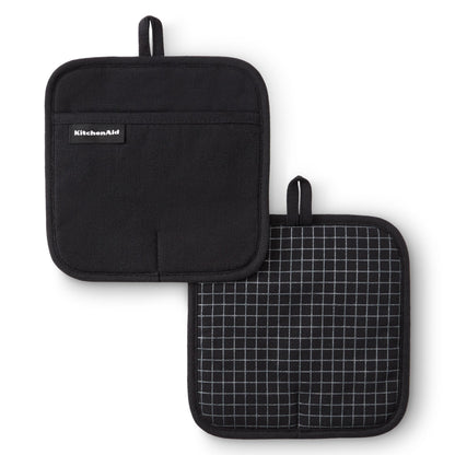 KITCHENAID Gourmet Series Gridlines Pot Holders 2-Pack Set, Heat Resistant up to 600°F, Soft Silicone Grip, Magnetic Cuff, Matte Black, 8"x8"