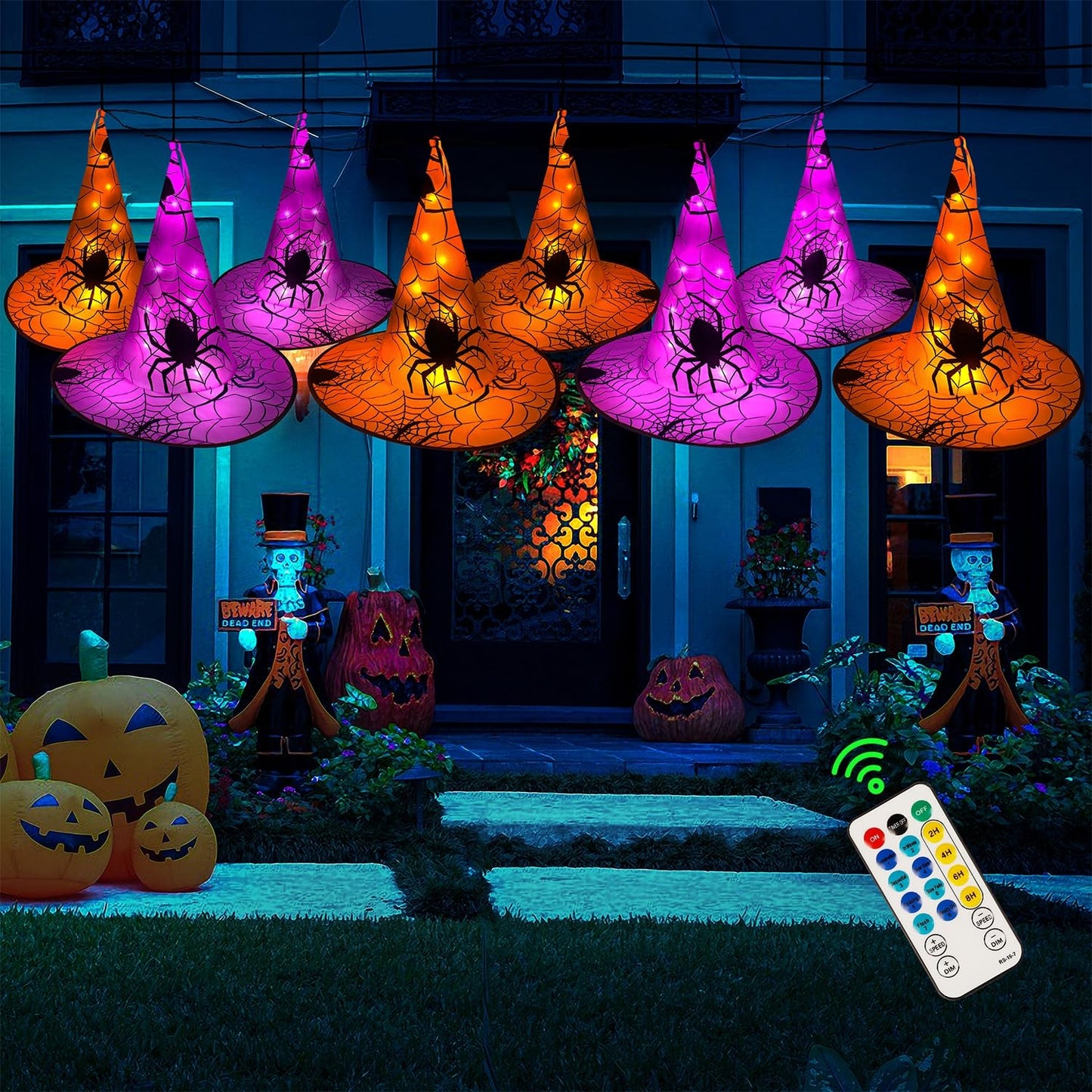 WATERGLIDE Halloween Decorations 8 Pcs Lighted Hanging Witch Hats, with 8 Modes Light Up 16 FT Halloween String Lights, for Indoor Outdoor Yard, Lawn, Graveyard Scenes Party