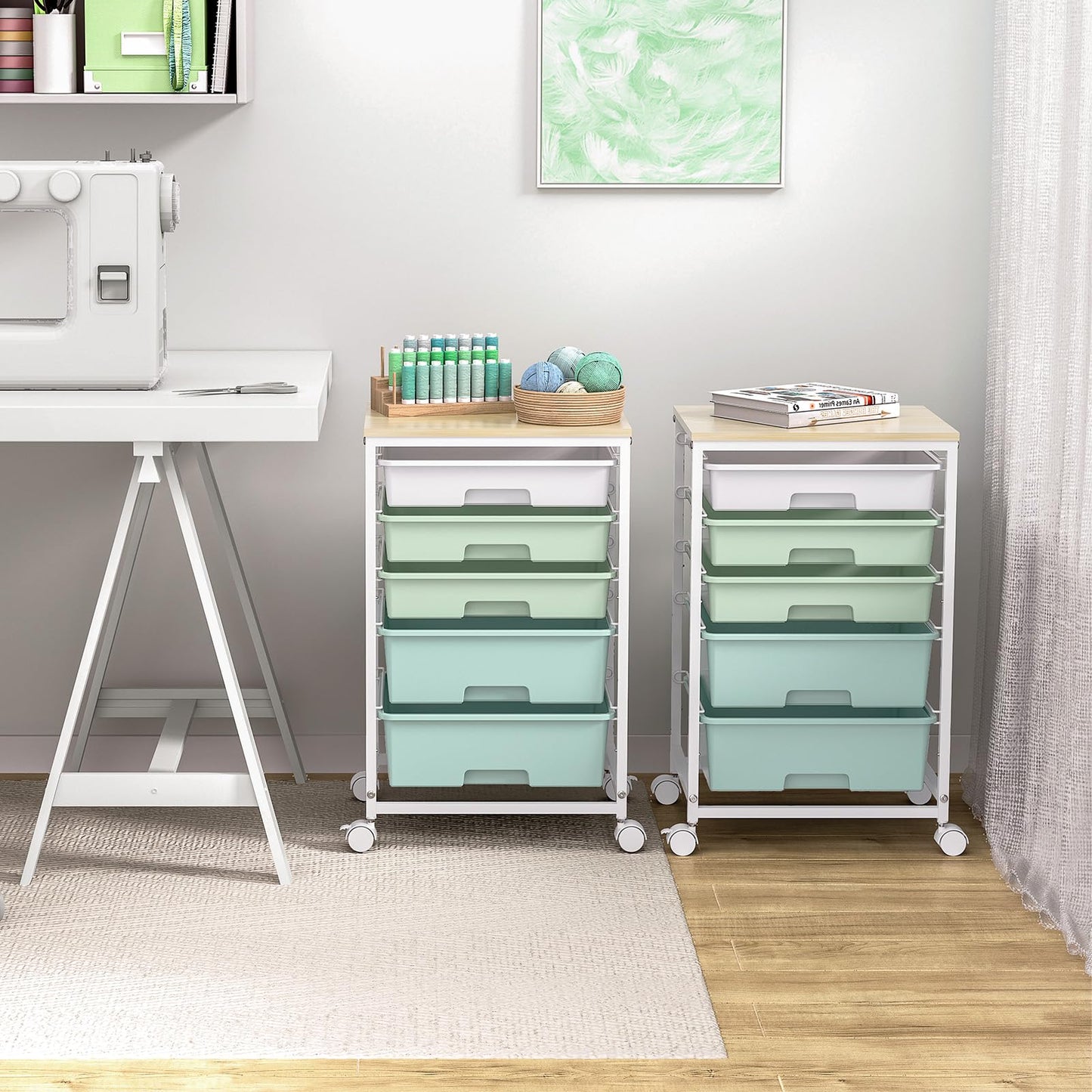 SYKIARIOL Utility Cart with 5 Drawers,Storage Cart with Wooden Tabletop and Lockable Wheels,Craft Storage Trolley Organizer,5-Tier Rolling Utility on Wheels,Light Green