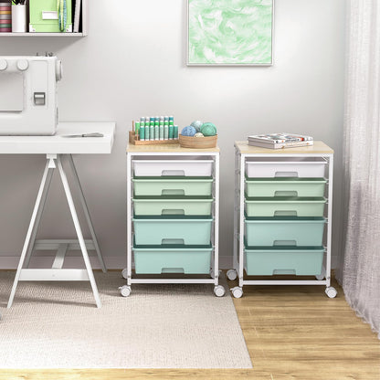 SYKIARIOL Utility Cart with 5 Drawers,Storage Cart with Wooden Tabletop and Lockable Wheels,Craft Storage Trolley Organizer,5-Tier Rolling Utility on Wheels,Light Green