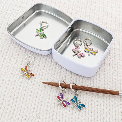 Pretty Warm Designs Dragonfly Stitch Markers - Snag-Free Metal Enamel Ring Notions for Knitting - Set of 6 Handmade Accessories in Hinged Keepsake Box