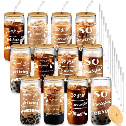 12 Set Employee Appreciation Gift, Inspirational Thank You for Women Best Friends, Teacher, Nurse, Boss, Staff - Farewell for Coworkers, 20oz Glass Cups With Lids and Straws (Mixed)