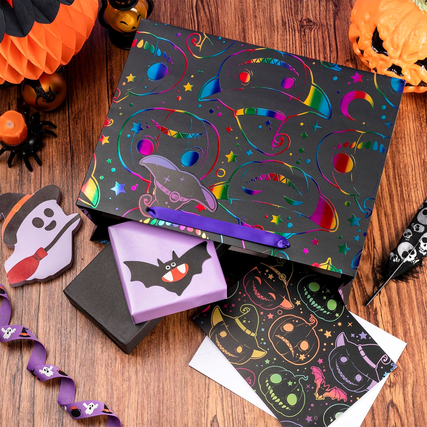 LeZakaa Halloween Pumpkin Wrapping Paper Roll, 13" Gift Bag with Tissue Paper, Gift Tag, and Card, Evil Pumpkin Fluorescent Black Design for Halloween, Holidays, Party