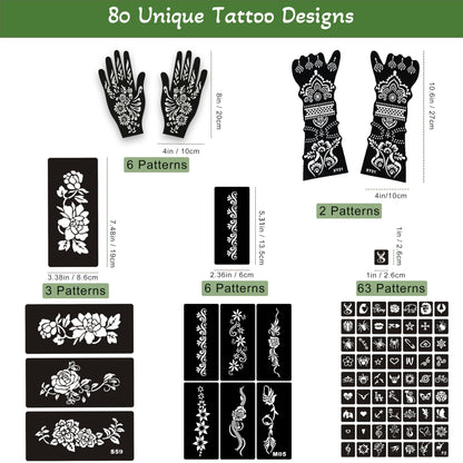 80 PCS Temporary Tattoo Kit with Large Arm & Hand Stencils - 4 Tattoo Cones (2 Black, 1 Brown, 1 Dark Red) & Outline Pen - Waterproof DIY Body Art Set, Ideal Gift for Kids, Teens, Parties & Family Fun