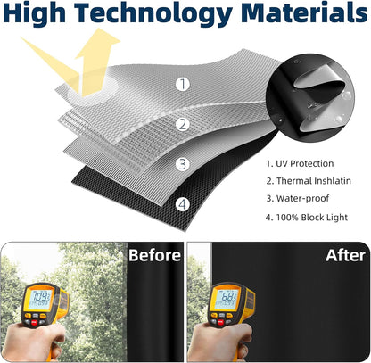 135"70", 100% NIGHTON Portable Blackout Curtains Strong Hook and Loop Tape Strips with Adhesive, Cuttable Blackout