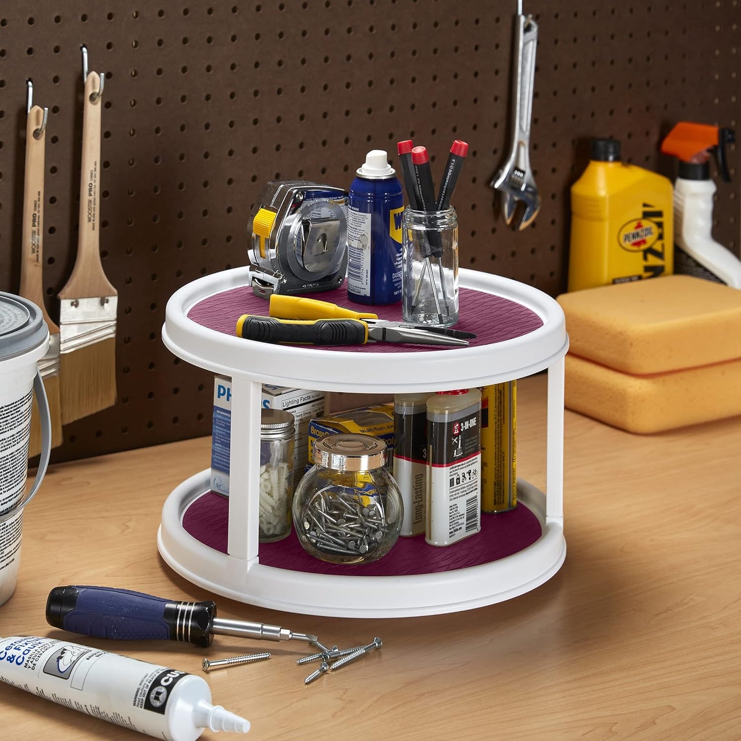 Copco Non-Skid 2 Tier Pantry Cabinet Lazy Susan Turntable, 12-Inch, White/Purple