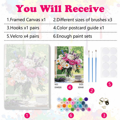 MEIYUDA Flowers Framed Paint by Numbers Adult Kit, DIY Flowers Vase Paint by Numbers with Frame, DIY Oil Painting by Number Kits for Home Wall Decor and Presents 12x16In