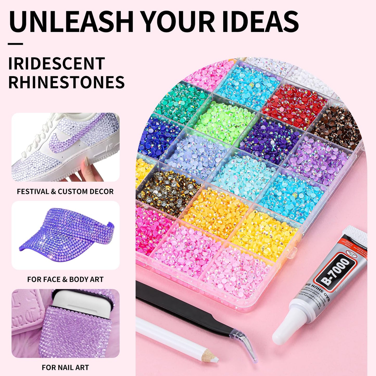 Vertdens 48 Colours 48000 Pieces 3mm Bedazzling Kit, Flatback Rhinestones, Resin Jelly Gems, Rhinestones for Bedazzling, Diamond Art & DIY Bedazzler, Including 3 x 10ml Bottles of B7000