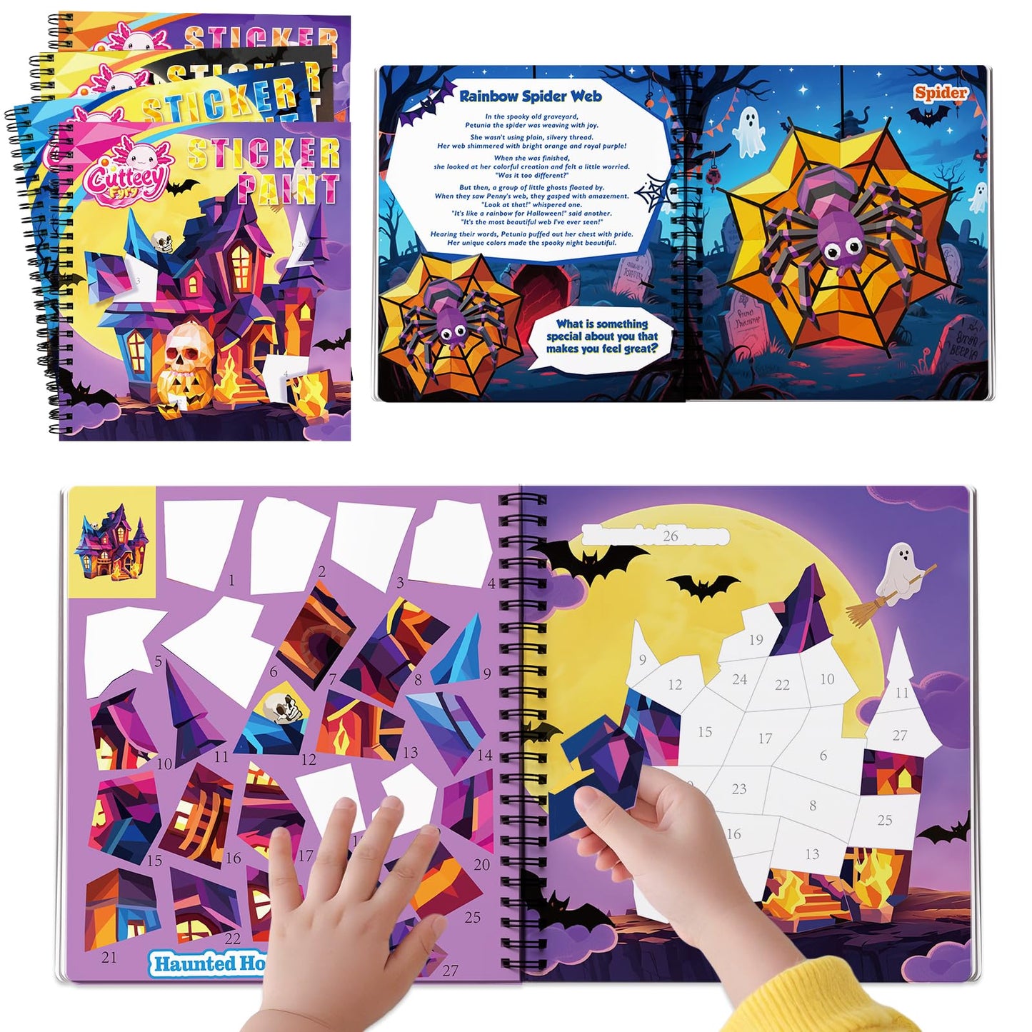 4PCS Paint by Number Sticker Book - Halloween Crafts & Acitivity Puzzles Book for Kids Ages 4-10, Travel Toys for Road Trip & Airplane,Perfect Halloween Gifts & Basket Stuffers for Kids