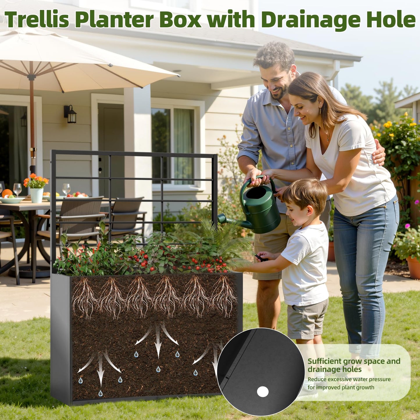 Trygoal 2 PCS Metal Planter Box with Trellis & 1 PCS Planter Box, 35" Lx11.8 Wx47 H Metal Raised Garden Bed with Trellis and Drainage Holes,Outdoor Standing Flower Bed for Climbing Plants,Vines