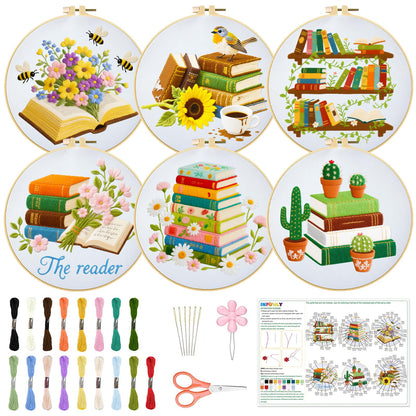 INFUNLY 6 PCS Book and Flower Embroidery Kits for Beginners DIY Cross Stitch Starter Sets for Adults with Instructions Book Cacti Pattern Birds Needlepoint Kits with Embroidery Cloth Hoops Tools