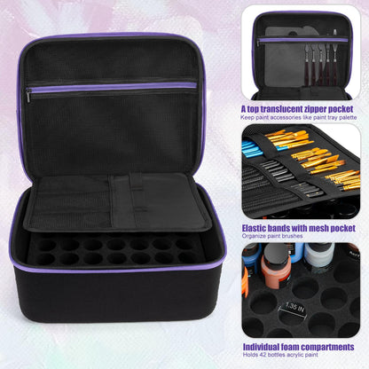 Chfine Acrylic Paint Organizer Holds 42 Bottles (2 fl oz), Craft Paint Organizer for Acrylic Painting with Foam Insert and Inner Storage Pocket, Ideal for Artists (Case Only)