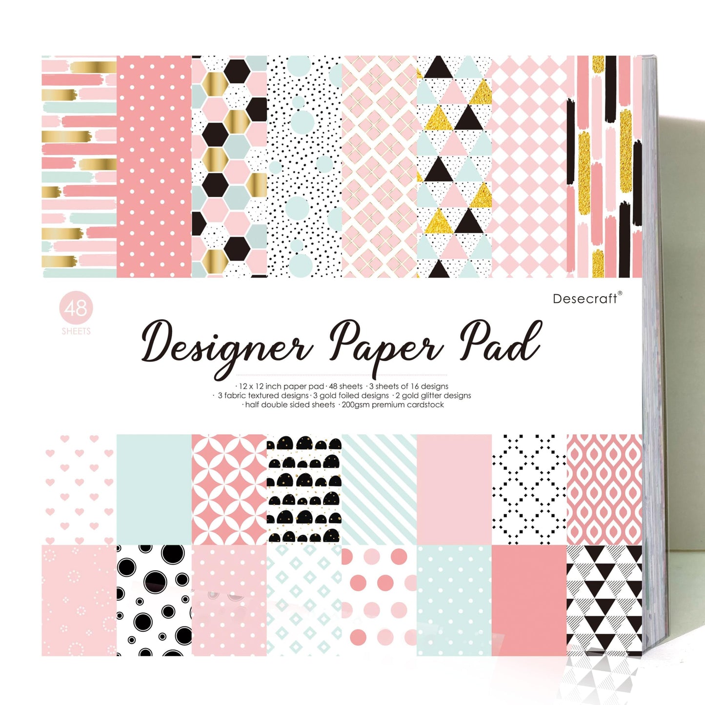 Desecraft 48 sheets 12x12 Scrapbooking Cardstock Decorative Paper Pack - Pink Collection - for Card Making Journaling Planner Origami Scrapbook Paper Scrapbook Materials Supplies