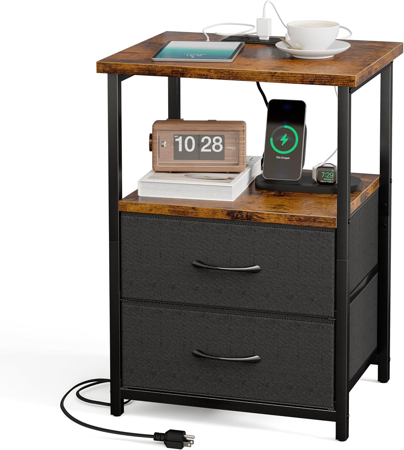 Fixwal Night Stand with Charging Station, Nightstand with Fabric Drawers, Bedside Table for Bedroom, Rustic Brown