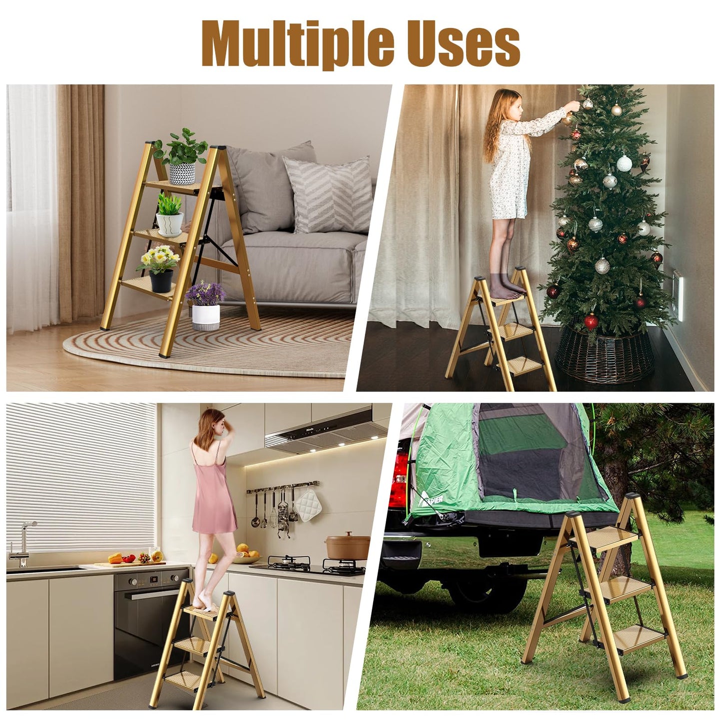 hismocal Foldable 3 Step Stool Ladder for Closet/Kitchen - Aluminium Gold Step Ladder, 330lbs Lightweight with Anti-Slip Wide Pedal, Portable for Kids/Adults