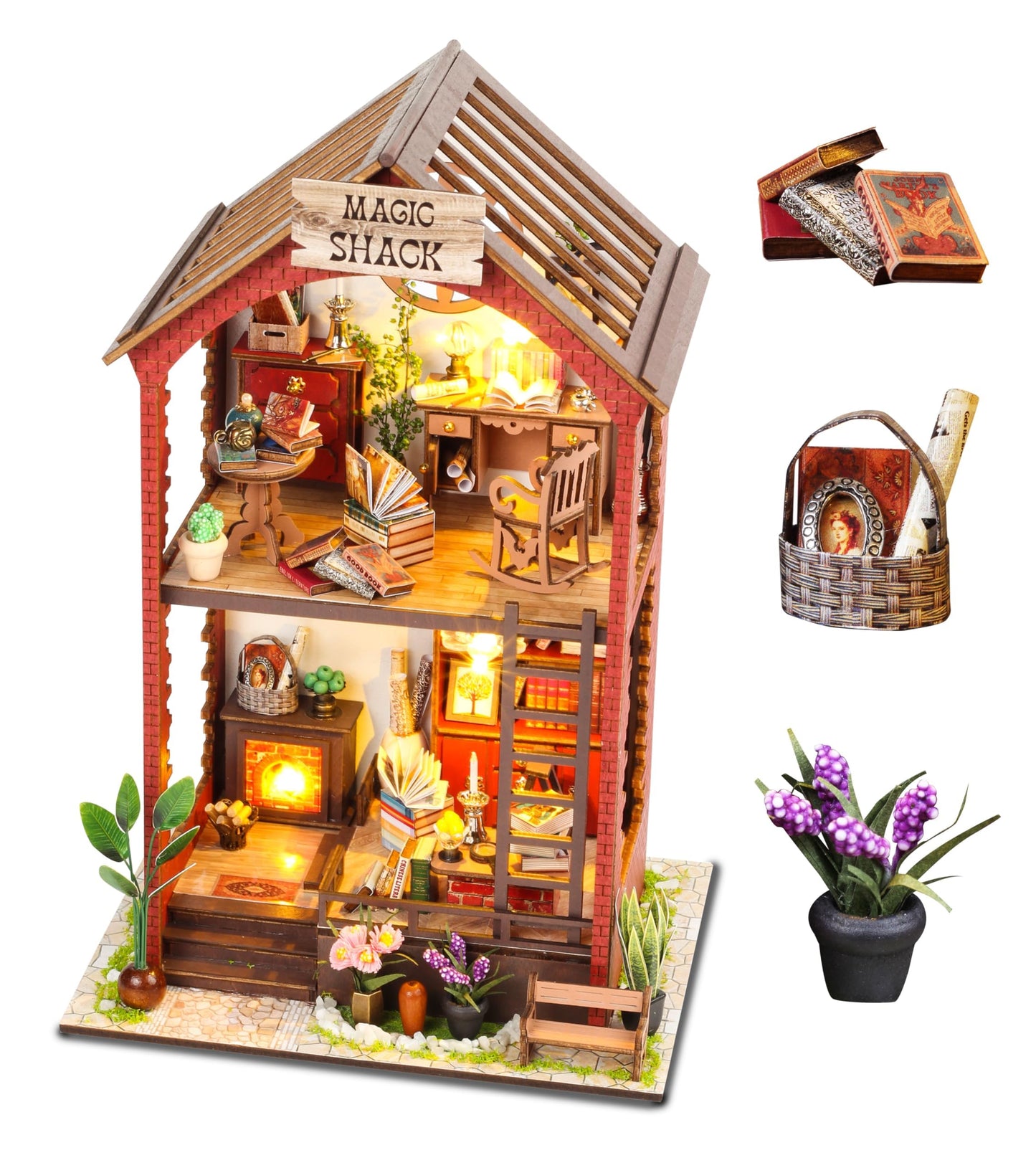DIY Book Nook Kit, Miniature Dollhouse Booknook Kit with Light, 3D Wooden Puzzle Bookend Bookshelf Decor for Adults, Library