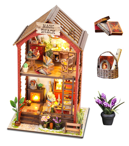 DIY Book Nook Kit, Miniature Dollhouse Booknook Kit with Light, 3D Wooden Puzzle Bookend Bookshelf Decor for Adults, Library