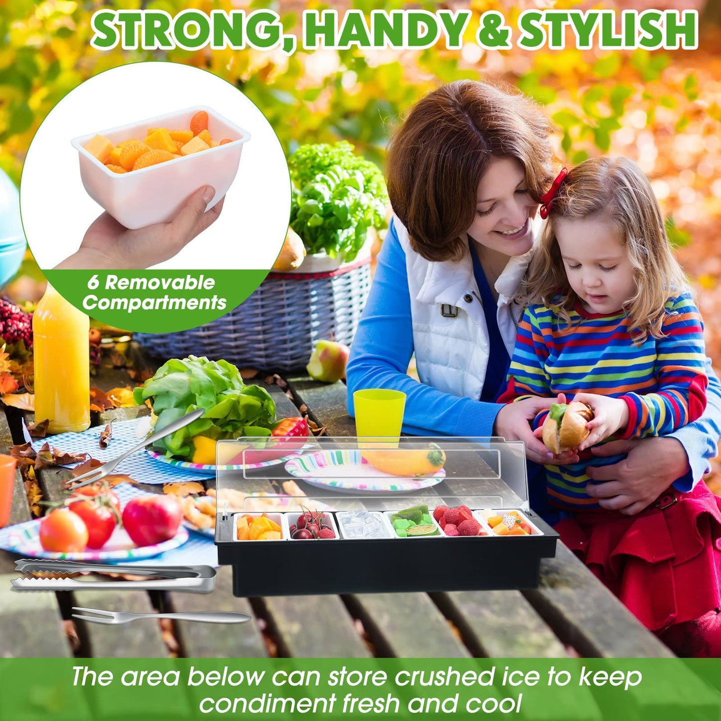 Gandeer 2 Ice Cooled Garnish Tray Deck Bar Garnish Caddy Condiment Containers with Lids and Removable Chilled Condiment Server with 6 Tongs and 6 Fruit Forks (6 Compartments)