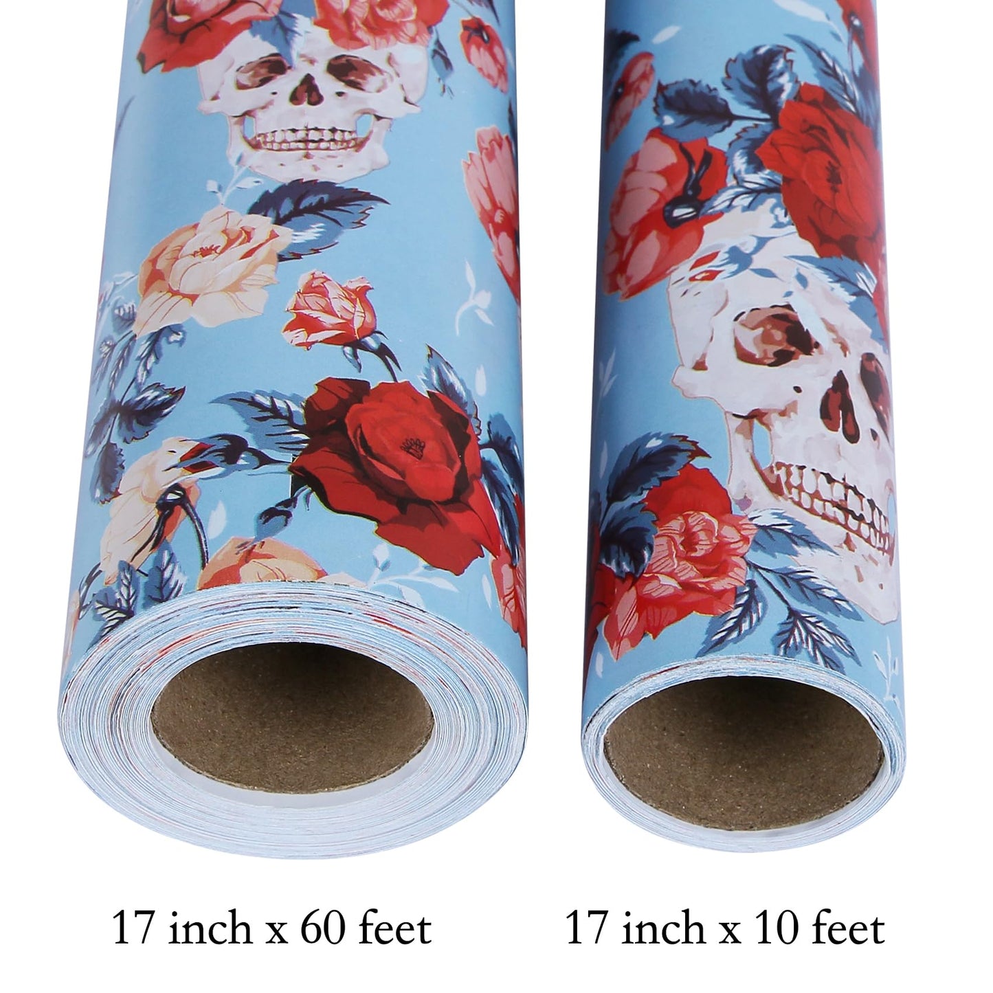 Aimyoo Blue Skull Floral Wrapping Paper Jumbo Roll 17 in x 60ft, Gothic Gift Wrap Paper for Halloween Wedding Bridal Shower