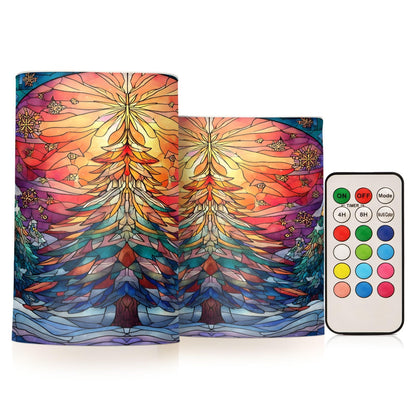 ALAZA Stained Glass Christmas Tree Winter Flameless Candles Flickering LED Candles with Remote Timer Battery Operated Pillar Candles Set of 2 for Dinner Holiday Decor